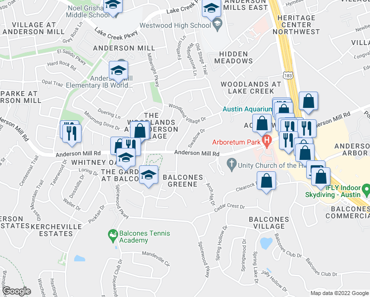map of restaurants, bars, coffee shops, grocery stores, and more near 11900 Swallow Drive in Austin