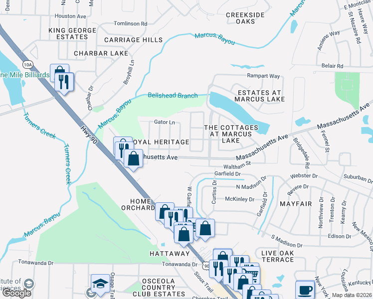 map of restaurants, bars, coffee shops, grocery stores, and more near 3236 Two Sisters Way in Pensacola