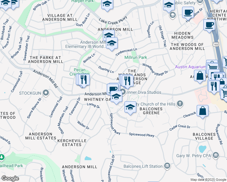 map of restaurants, bars, coffee shops, grocery stores, and more near 10403 Burmaster Lane in Austin