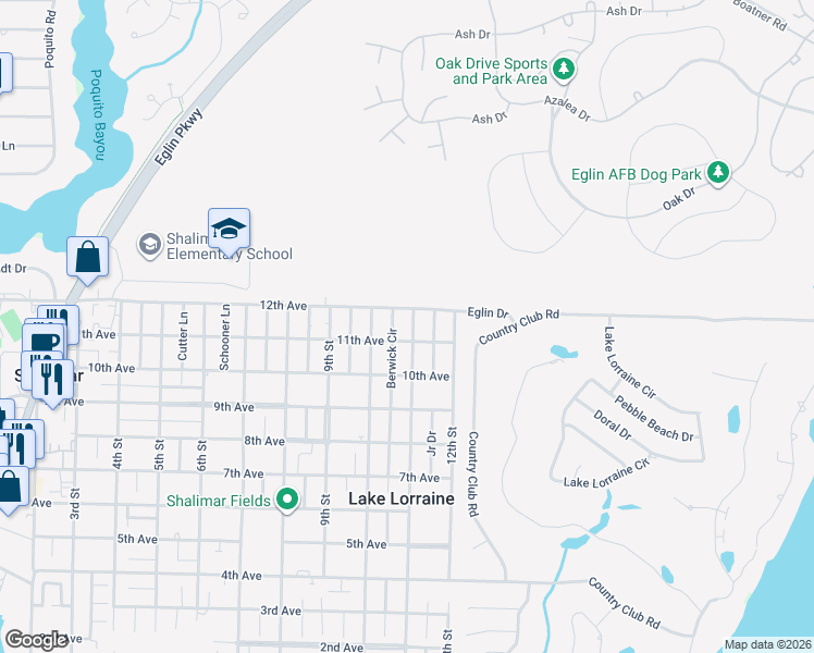 map of restaurants, bars, coffee shops, grocery stores, and more near 85 11th Street in Shalimar