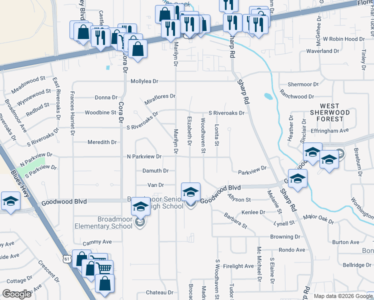 map of restaurants, bars, coffee shops, grocery stores, and more near 744 Elizabeth Drive in Baton Rouge