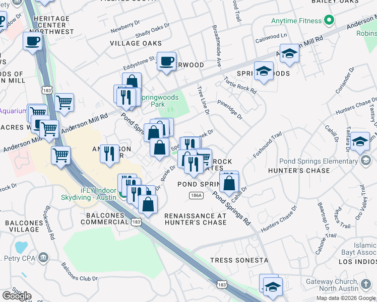 map of restaurants, bars, coffee shops, grocery stores, and more near 8904 Schick Road in Austin