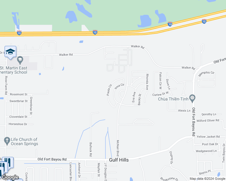 map of restaurants, bars, coffee shops, grocery stores, and more near 2105 Irma Circle in Ocean Springs