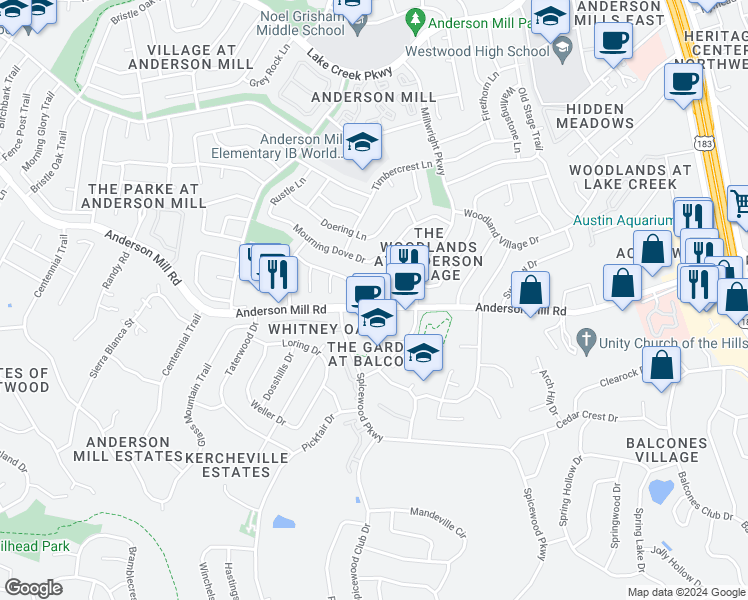 map of restaurants, bars, coffee shops, grocery stores, and more near 10401 Burmaster Lane in Austin