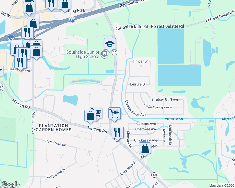 map of restaurants, bars, coffee shops, grocery stores, and more near 26194 Louisiana 16 in Denham Springs