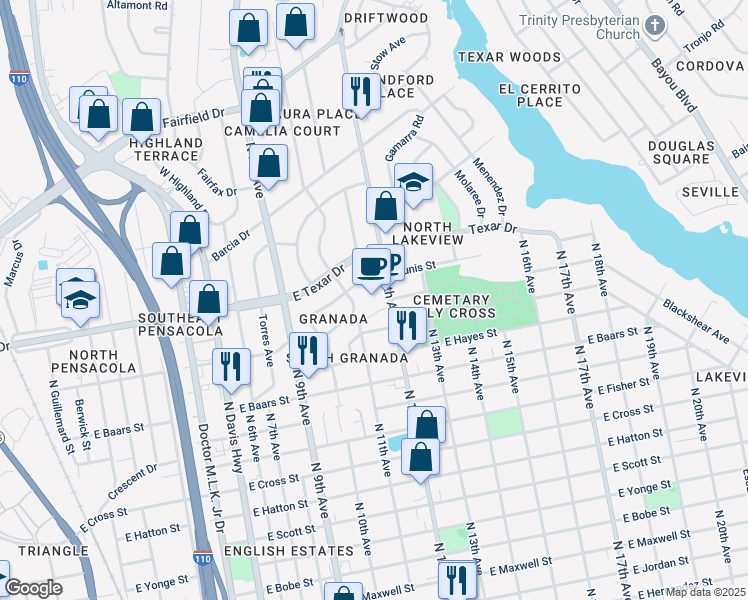 map of restaurants, bars, coffee shops, grocery stores, and more near 3419 North 12th Avenue in Pensacola