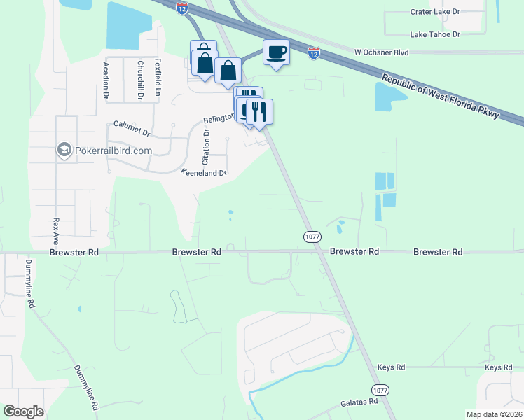 map of restaurants, bars, coffee shops, grocery stores, and more near 70091 Louisiana 1077 in Covington
