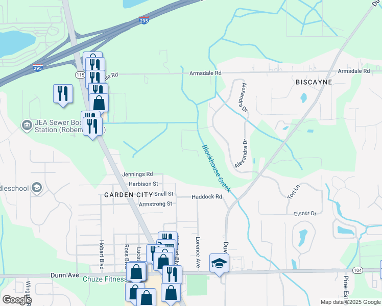 map of restaurants, bars, coffee shops, grocery stores, and more near 3055 Alpin Drive in Jacksonville