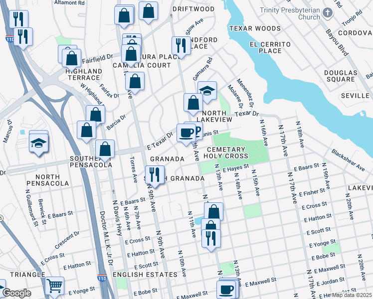 map of restaurants, bars, coffee shops, grocery stores, and more near 3419 North 12th Avenue in Pensacola