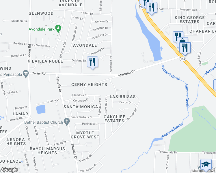 map of restaurants, bars, coffee shops, grocery stores, and more near 4415 Marlane Drive in Pensacola