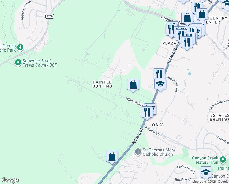 map of restaurants, bars, coffee shops, grocery stores, and more near 12100 Hanging Valley Drive in Austin