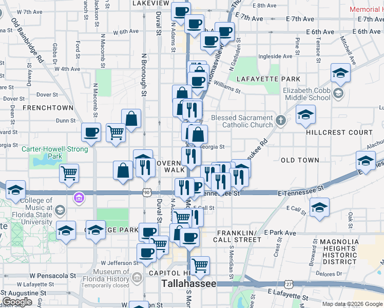 map of restaurants, bars, coffee shops, grocery stores, and more near 503 North Monroe Street in Tallahassee