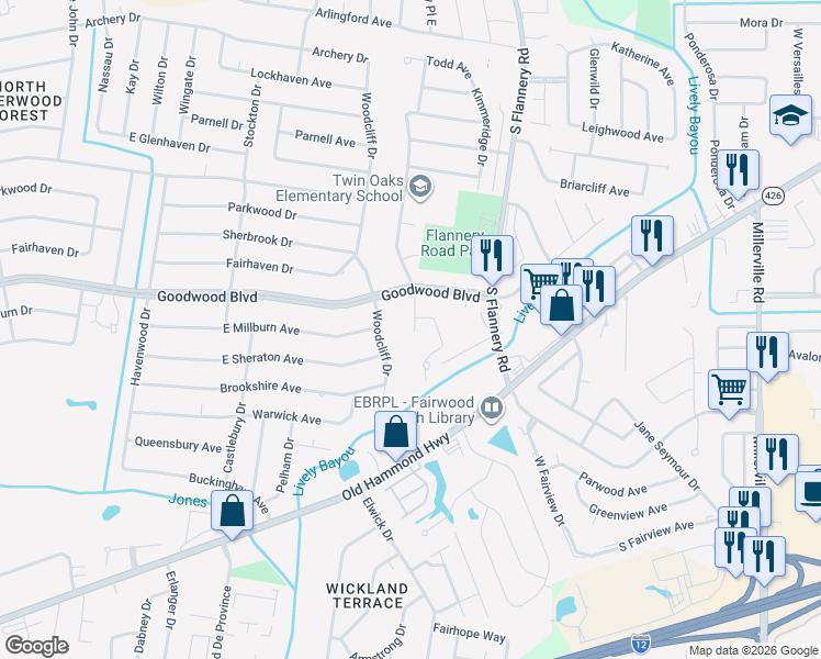 map of restaurants, bars, coffee shops, grocery stores, and more near 1237 Trammell Drive in Baton Rouge