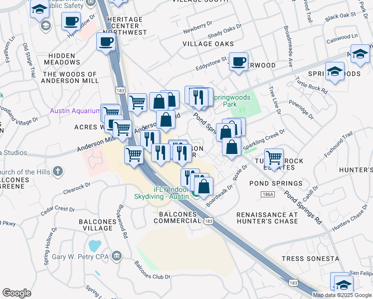 map of restaurants, bars, coffee shops, grocery stores, and more near 13355 North Highway 183 in Austin