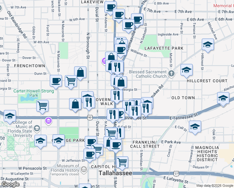 map of restaurants, bars, coffee shops, grocery stores, and more near 503 North Monroe Street in Tallahassee