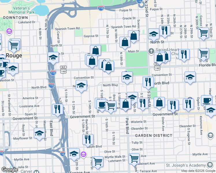 map of restaurants, bars, coffee shops, grocery stores, and more near 1690 North Boulevard in Baton Rouge