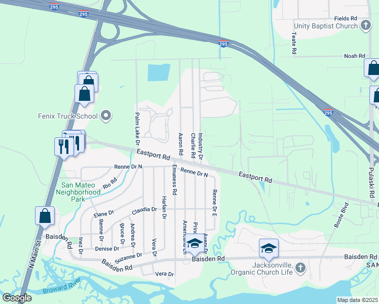 map of restaurants, bars, coffee shops, grocery stores, and more near 563 Eastport Road in Jacksonville