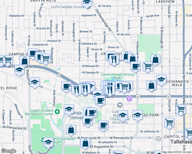 map of restaurants, bars, coffee shops, grocery stores, and more near 700 West Virginia Street in Tallahassee