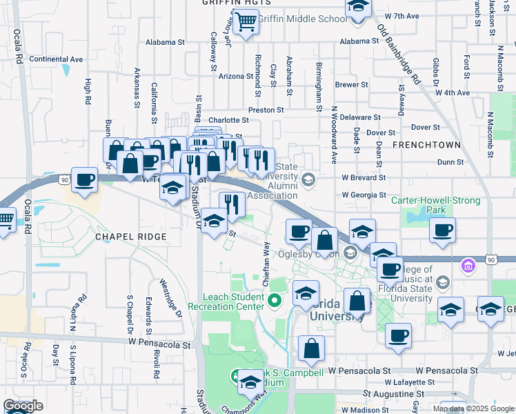 map of restaurants, bars, coffee shops, grocery stores, and more near in Tallahassee
