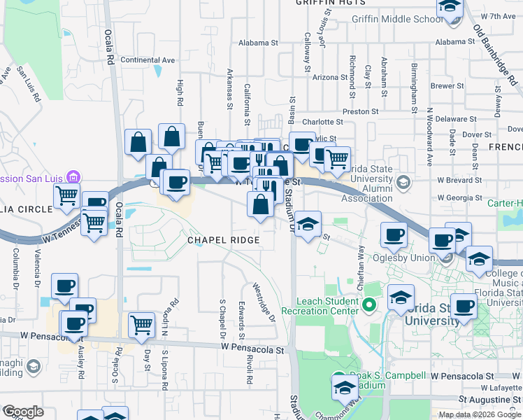 map of restaurants, bars, coffee shops, grocery stores, and more near 1707 West Call Street in Tallahassee