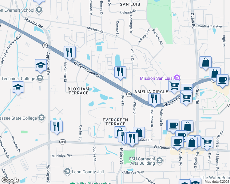 map of restaurants, bars, coffee shops, grocery stores, and more near 400 Dixie Drive in Tallahassee