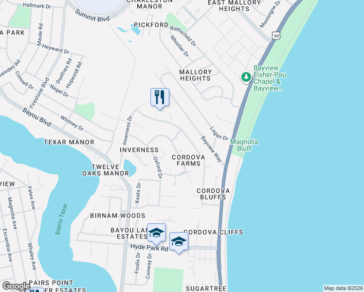 map of restaurants, bars, coffee shops, grocery stores, and more near 2620 Belle Christiane Place in Pensacola