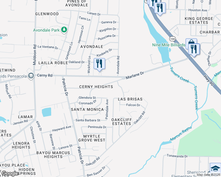 map of restaurants, bars, coffee shops, grocery stores, and more near 4415 Marlane Drive in Pensacola