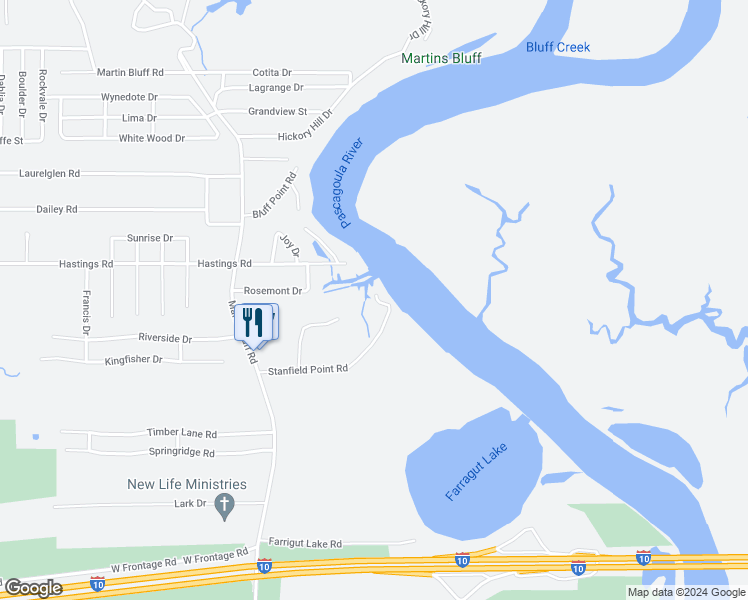 map of restaurants, bars, coffee shops, grocery stores, and more near 1105 Stanfield Point Road in Gautier