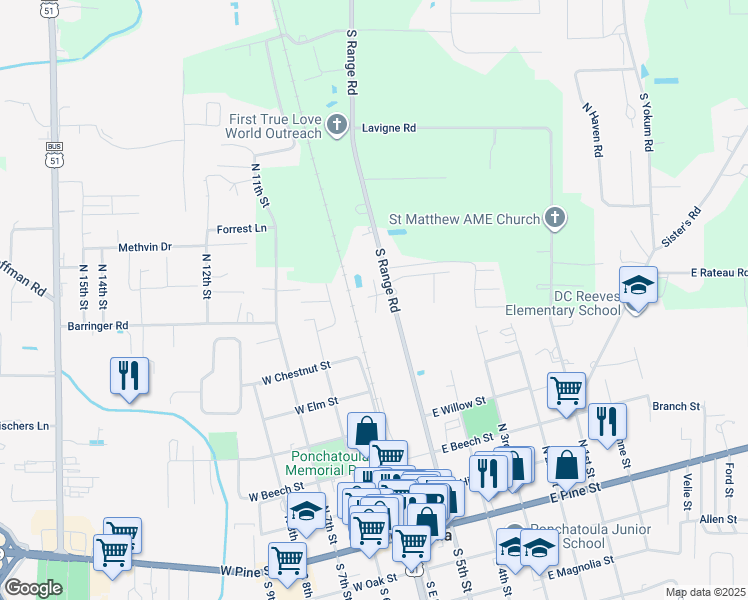 map of restaurants, bars, coffee shops, grocery stores, and more near 41038 South Range Road in Ponchatoula
