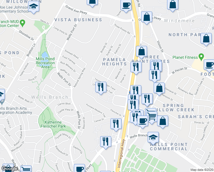 map of restaurants, bars, coffee shops, grocery stores, and more near 1917 Crimson Rosella Trail in Austin