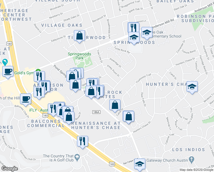 map of restaurants, bars, coffee shops, grocery stores, and more near 8710 Schick Road in Austin