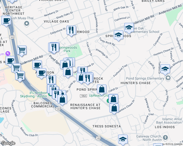 map of restaurants, bars, coffee shops, grocery stores, and more near 8710 Schick Road in Austin