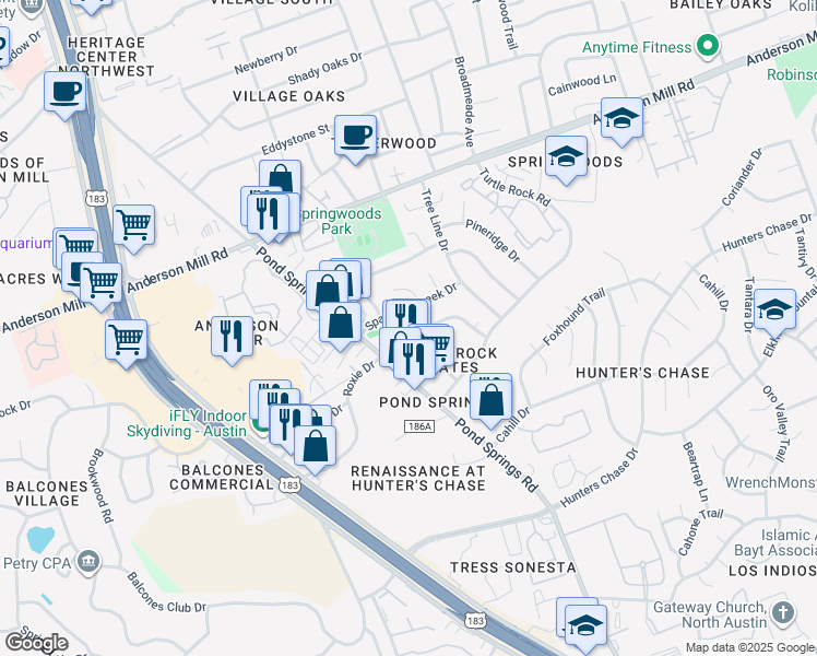 map of restaurants, bars, coffee shops, grocery stores, and more near 8902 Schick Road in Austin