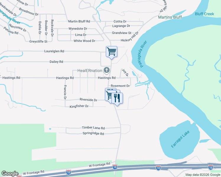 map of restaurants, bars, coffee shops, grocery stores, and more near 1317 Rosemont Drive in Gautier