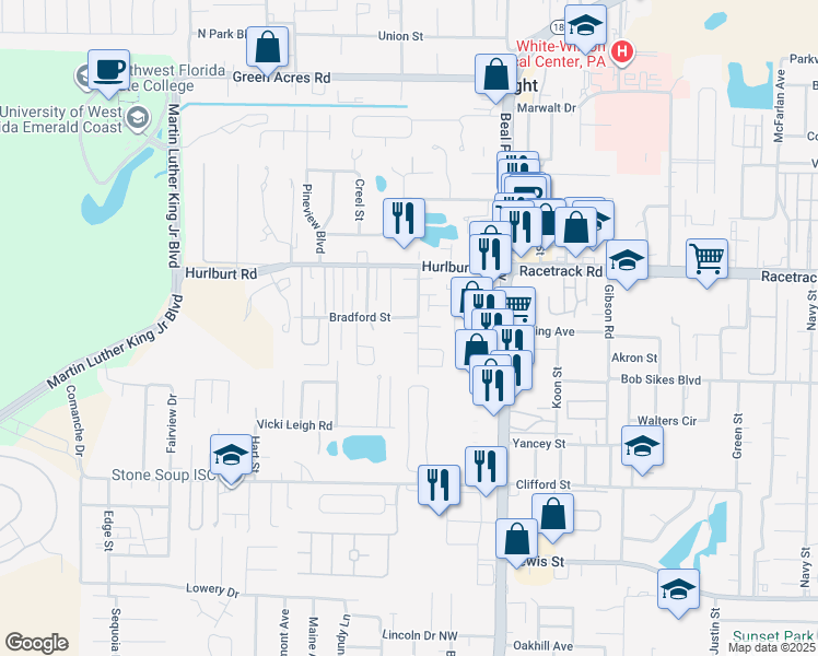 map of restaurants, bars, coffee shops, grocery stores, and more near 108 Hawkins Road in Fort Walton Beach