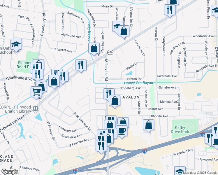 map of restaurants, bars, coffee shops, grocery stores, and more near 1463 Millerville Road in Baton Rouge