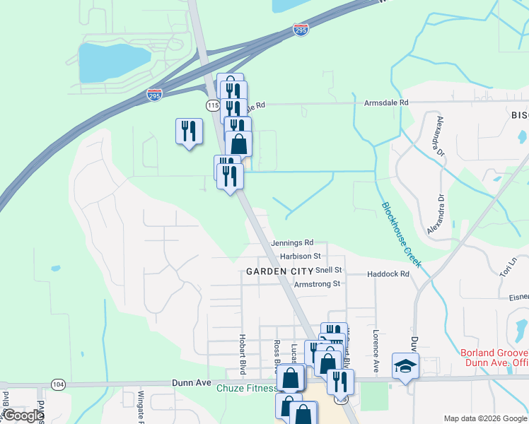 map of restaurants, bars, coffee shops, grocery stores, and more near 11701 Lem Turner Road in Jacksonville