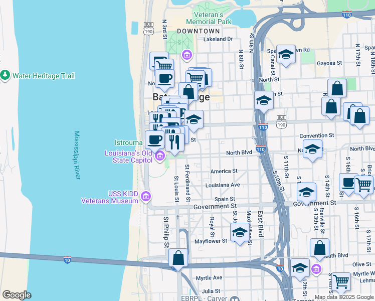 map of restaurants, bars, coffee shops, grocery stores, and more near 100 Saint Ferdinand Street in Baton Rouge