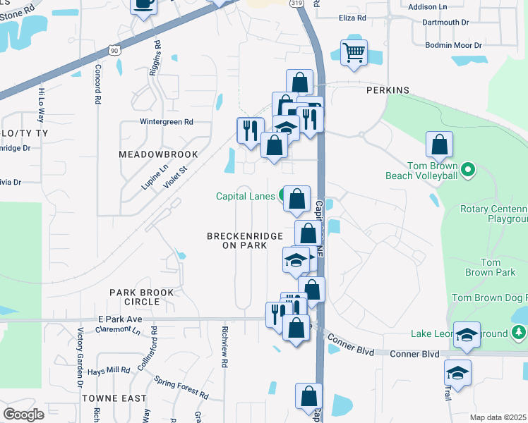 map of restaurants, bars, coffee shops, grocery stores, and more near 164 Dawn Lauren Lane in Tallahassee