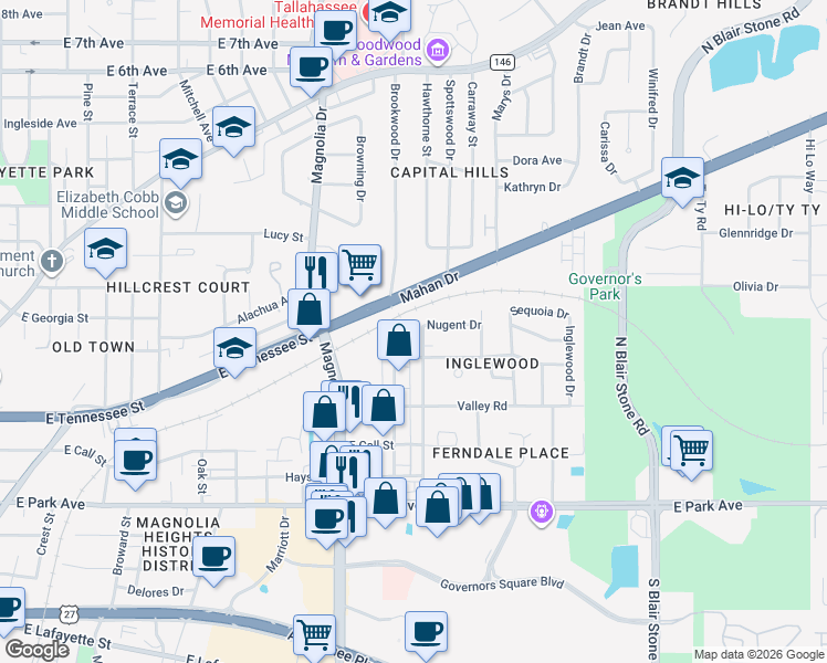 map of restaurants, bars, coffee shops, grocery stores, and more near 436 Belmont Road in Tallahassee
