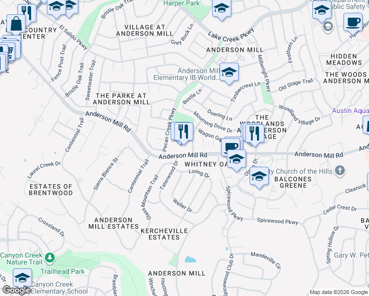 map of restaurants, bars, coffee shops, grocery stores, and more near 10700 Anderson Mill Road in Austin