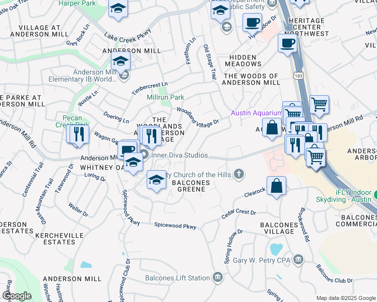 map of restaurants, bars, coffee shops, grocery stores, and more near 11903 Swan Drive in Austin