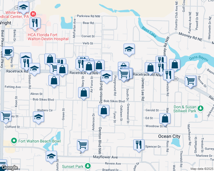 map of restaurants, bars, coffee shops, grocery stores, and more near 201 Racetrack Road Northwest in Fort Walton Beach
