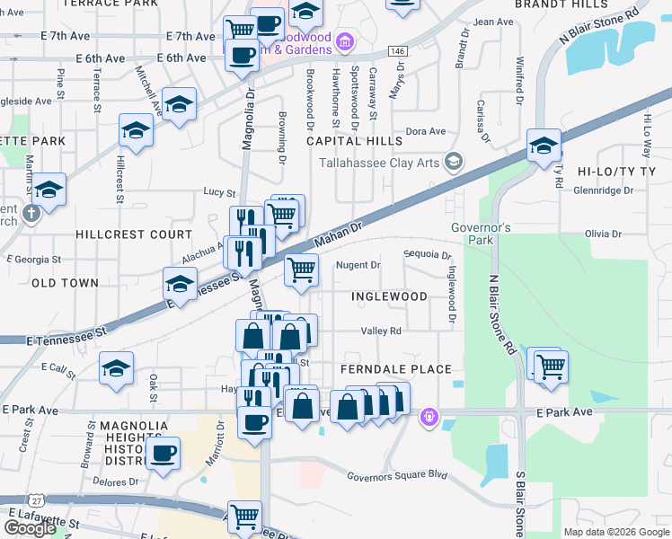map of restaurants, bars, coffee shops, grocery stores, and more near 1502 Glenway Drive in Tallahassee