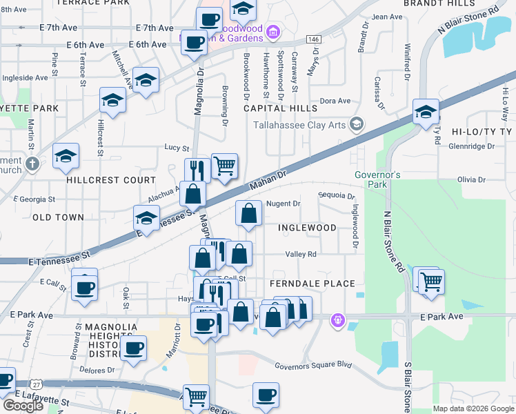 map of restaurants, bars, coffee shops, grocery stores, and more near 401 Office Plaza Drive in Tallahassee