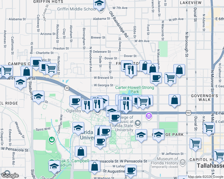 map of restaurants, bars, coffee shops, grocery stores, and more near 700 West Virginia Street in Tallahassee