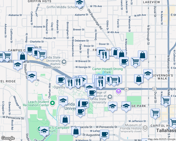 map of restaurants, bars, coffee shops, grocery stores, and more near 700 West Virginia Street in Tallahassee