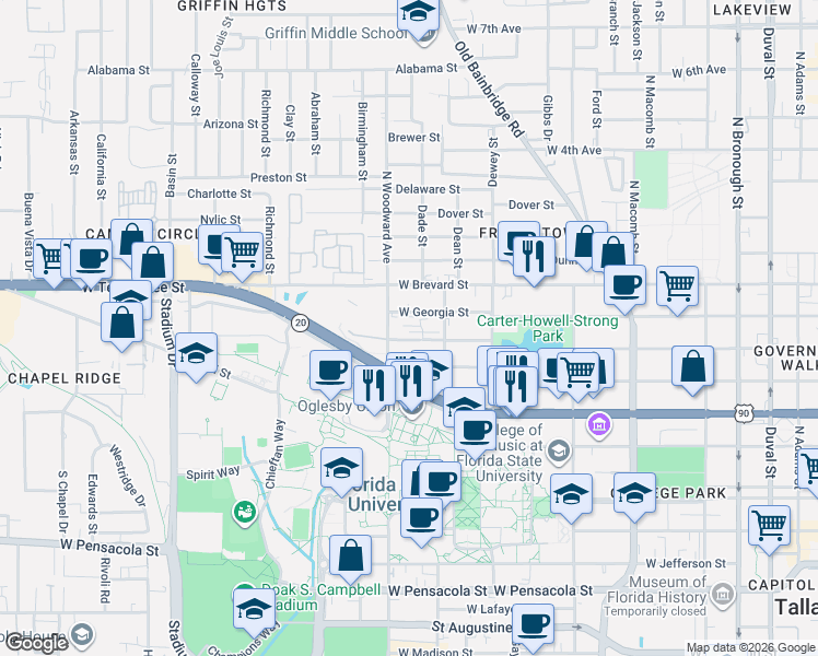map of restaurants, bars, coffee shops, grocery stores, and more near 855 West Carolina Street in Tallahassee