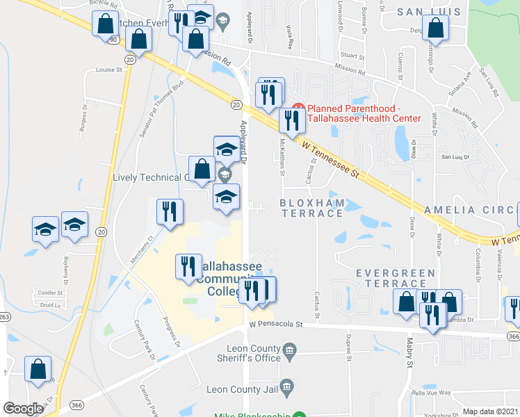 map of restaurants, bars, coffee shops, grocery stores, and more near 475 Appleyard Drive in Tallahassee