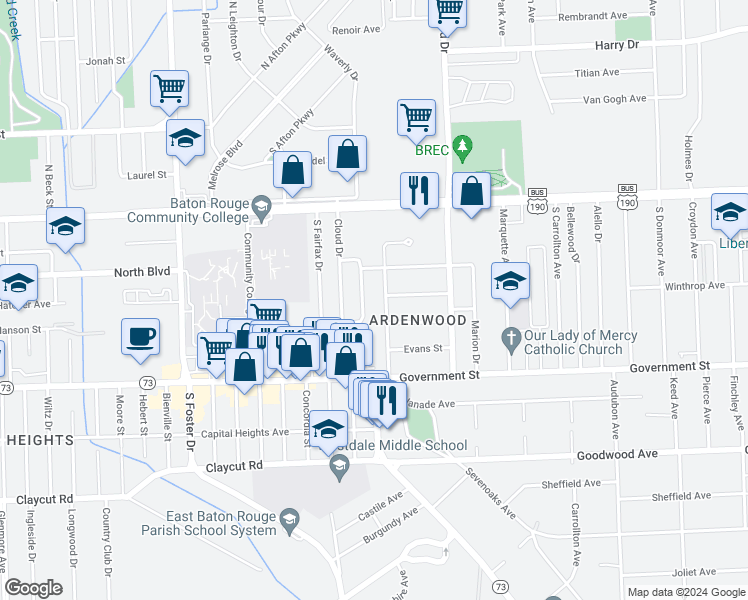 map of restaurants, bars, coffee shops, grocery stores, and more near 365 South Waverly Drive in Baton Rouge